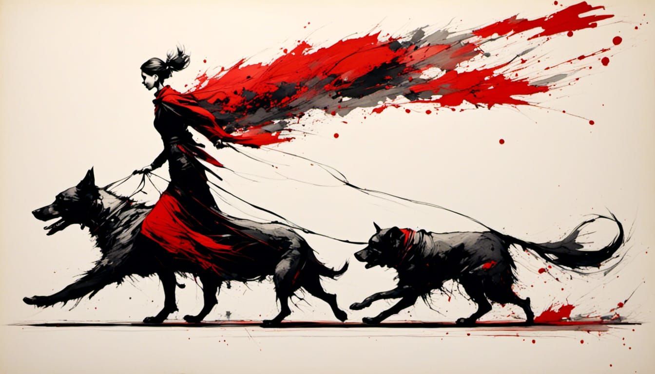 Ink Illustration: Woman and Giant Dog