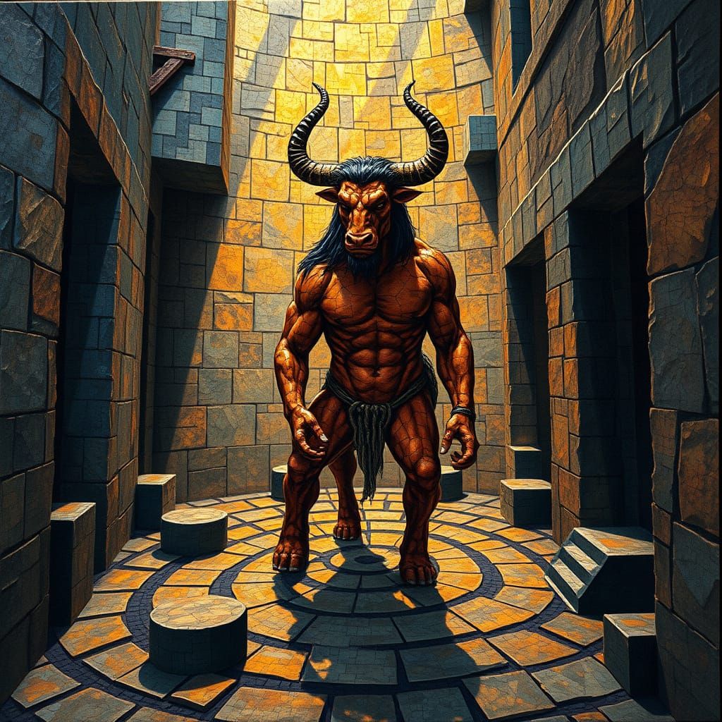 Majestic Minotaur in Ancient Labyrinth Mosaic