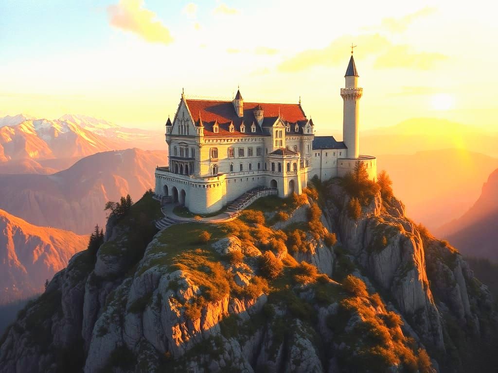 Majestic Castle on Mountain Peak at Dawn Oil Painting