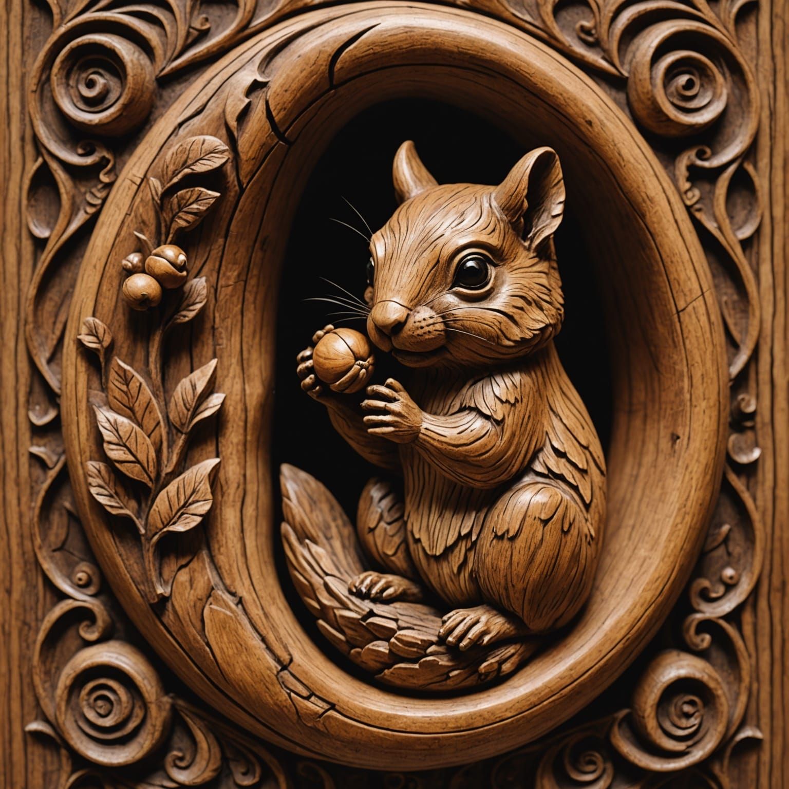 Detailed Wood Carving of a Squirrel