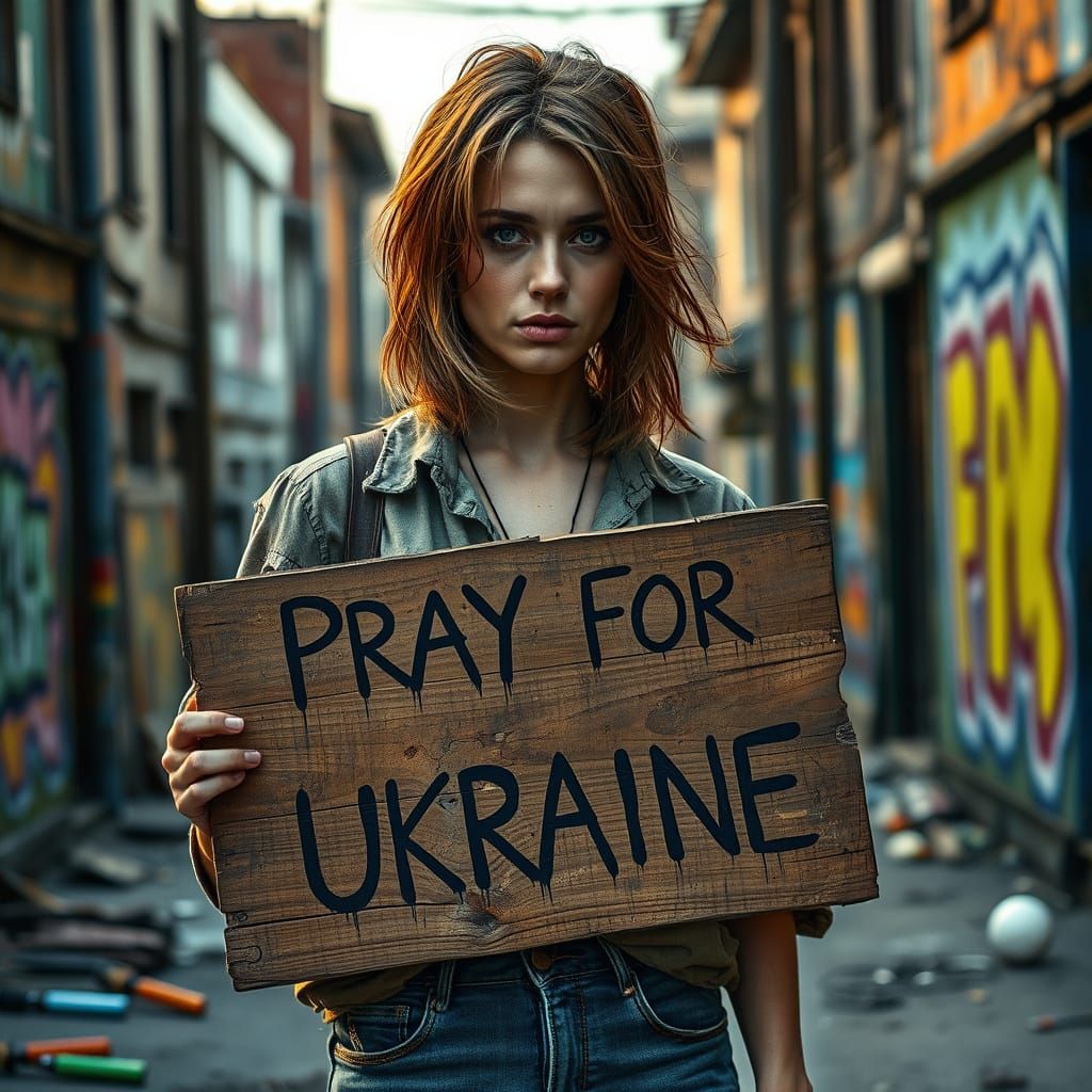 Beautiful Woman Stands in Gritty Urban Decay, Holding Wooden...