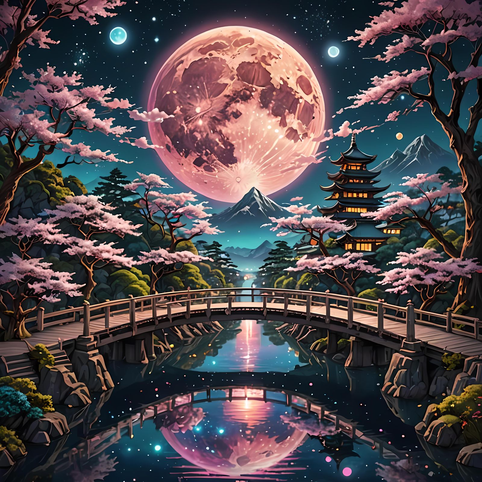 Magical Moon Bridge Crossing at Night