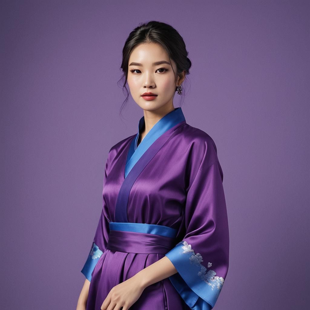 Asian Model in Purple Attire on Colorful Background