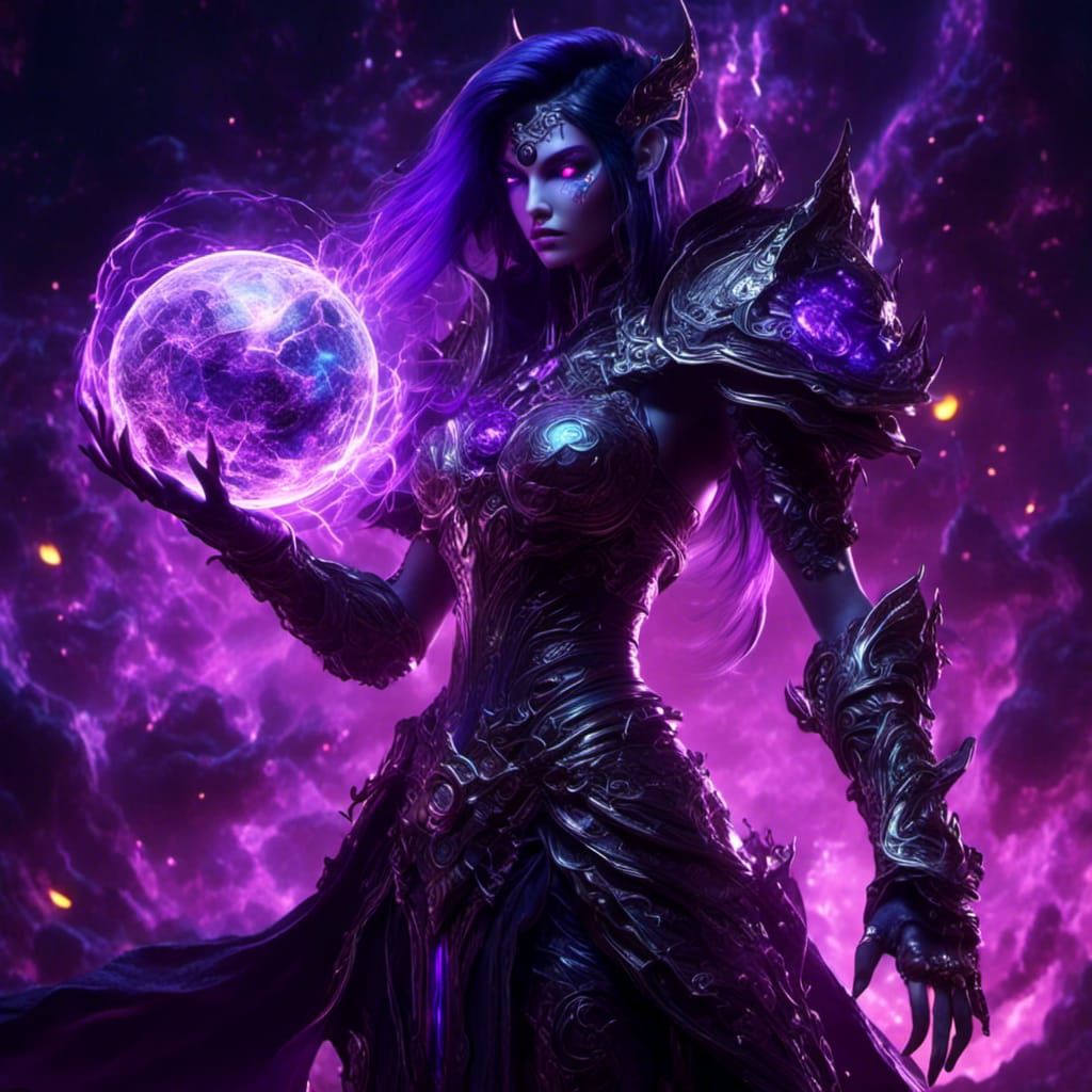 Dark Elf Sorceress with Enchanted Orb in Neon Style