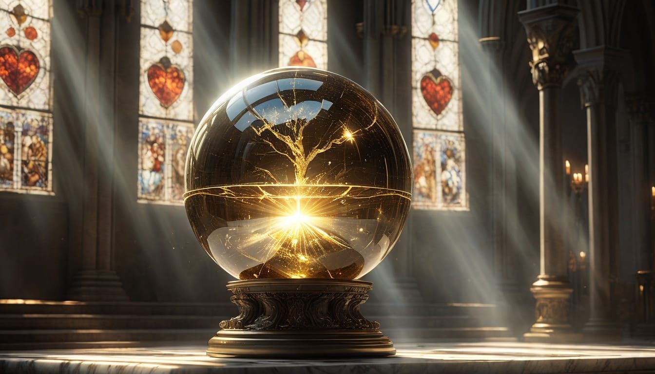 Glowing Crystal Heart Sphere in Sunlit Cathedral