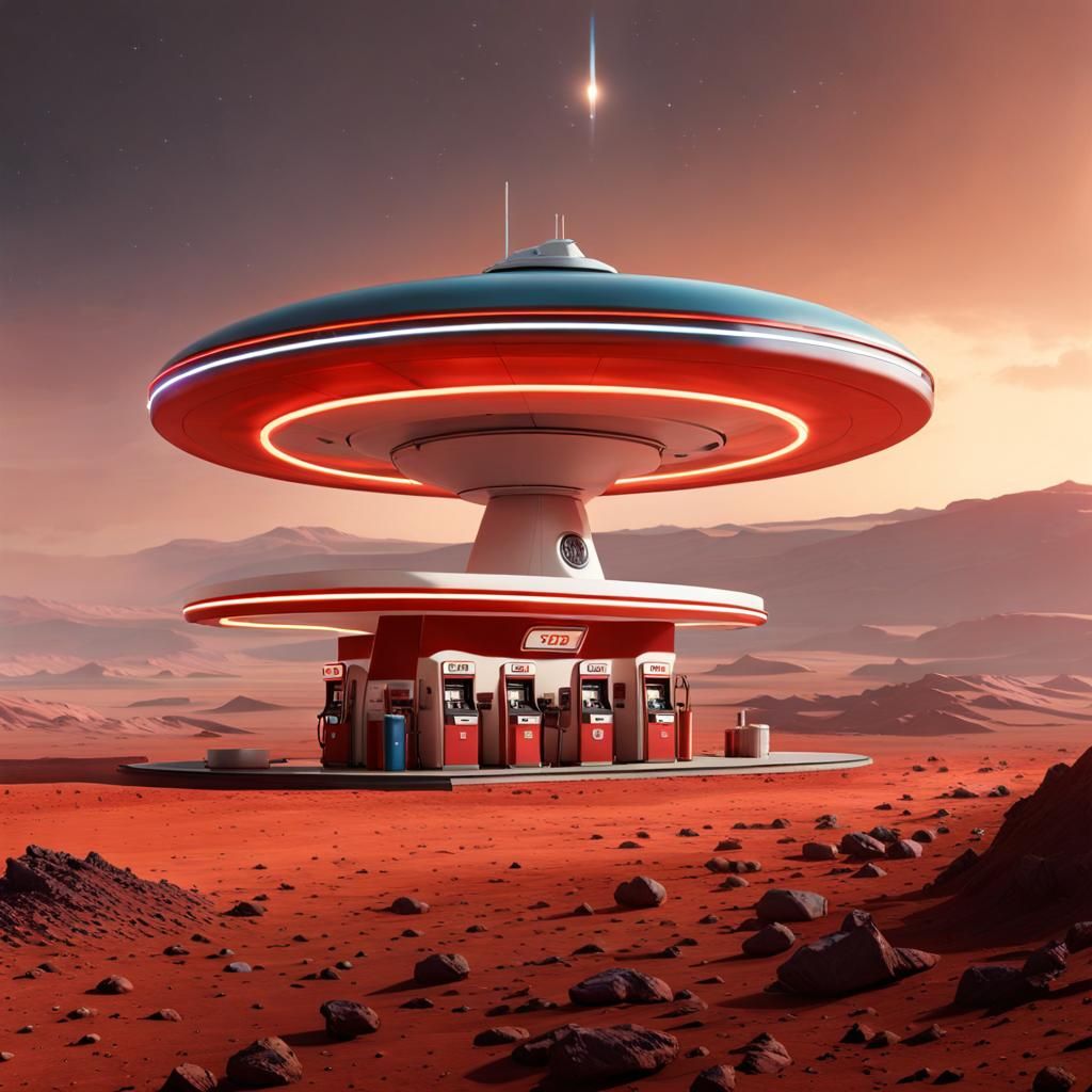 UFO Gas Station on Mars in Retrofuturistic Style
