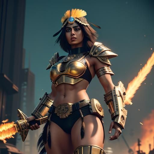 Aztec Warrior Woman in Cyberpunk Armor with Flaming Sword