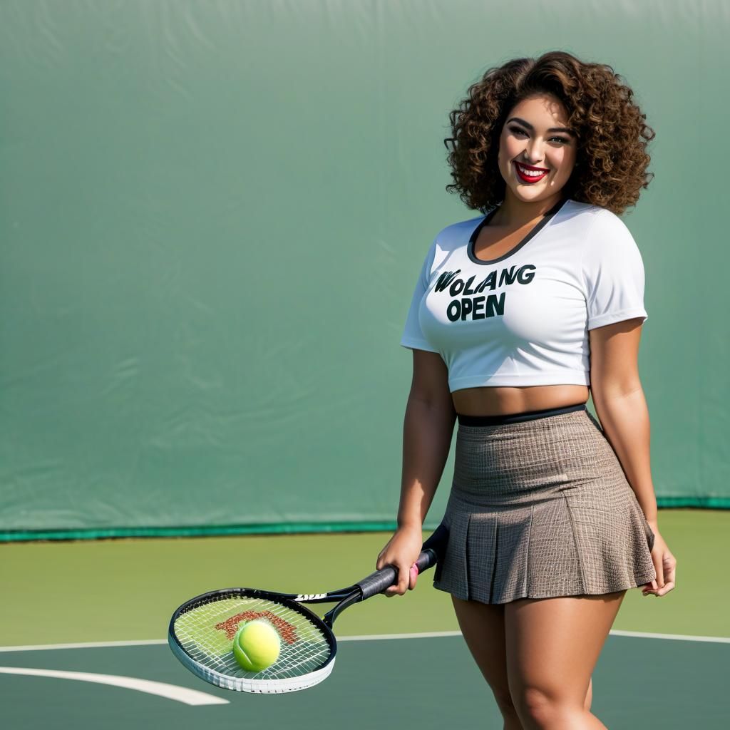 Curvy Women Playing Tennis with Open Sign