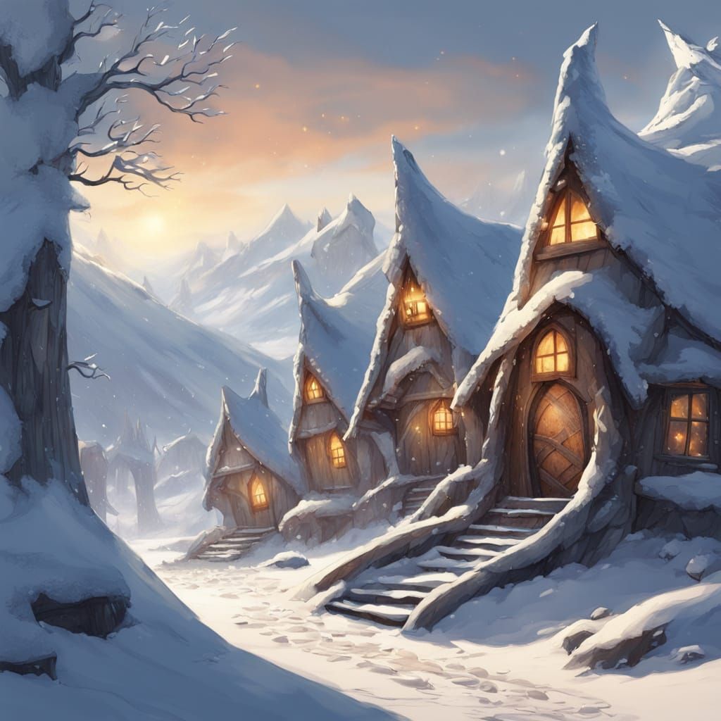 Enchanted Winter Village in Whimsical Cartoon Style