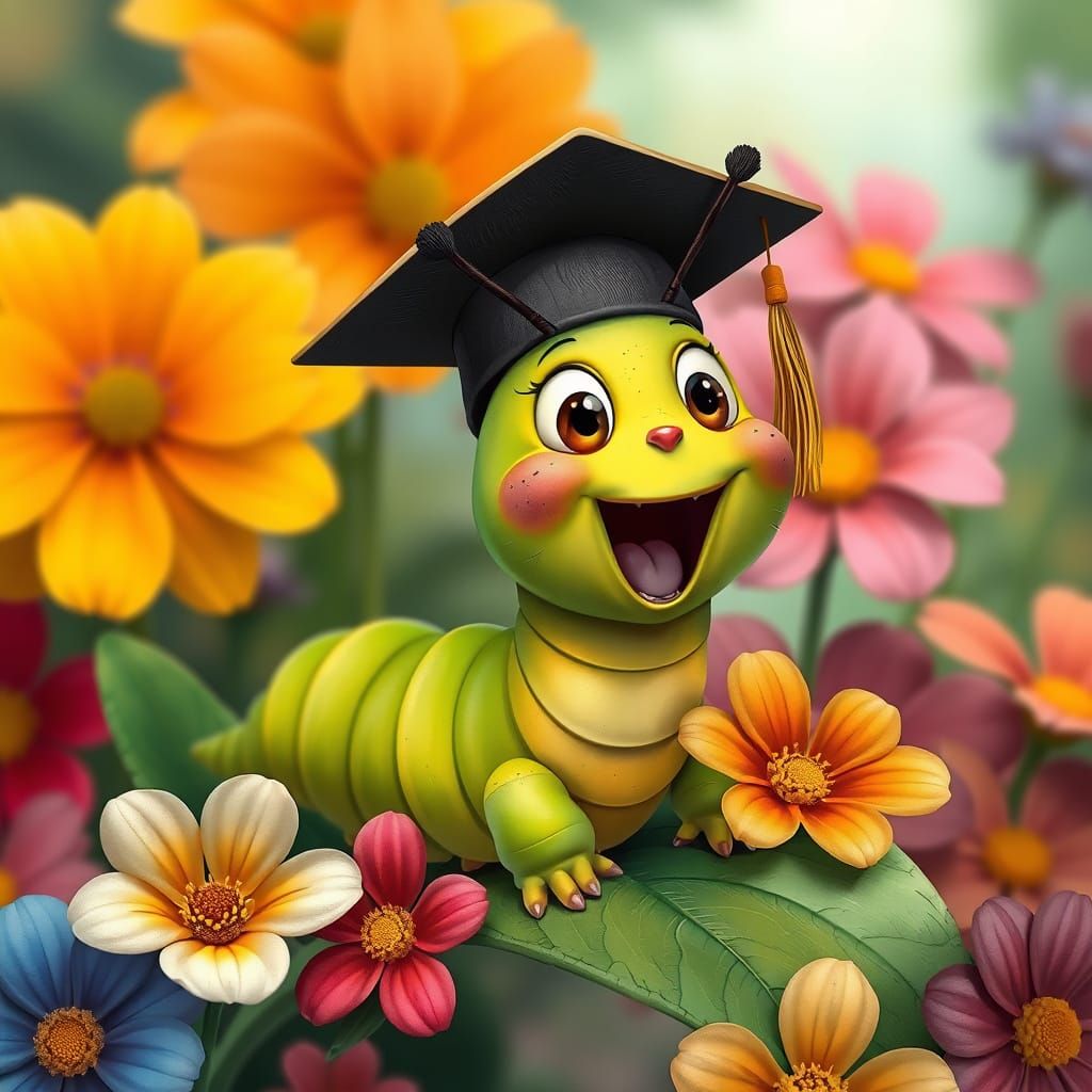 Caterpillar Celebrates Graduation in Whimsical Pixar Style