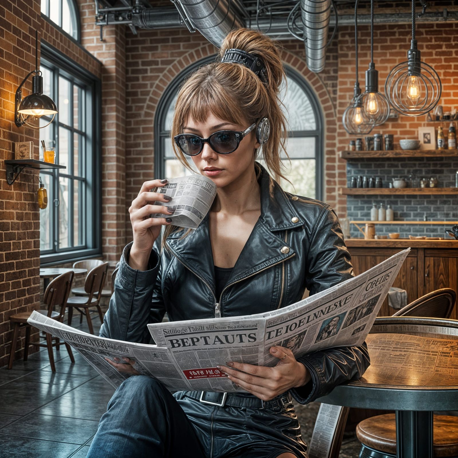 Hyperrealistic Cyborg Drinks Coffee and Reads News