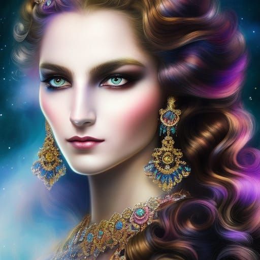 Airbrush Portrait: Polychromatic Queen with Glowing Eyes