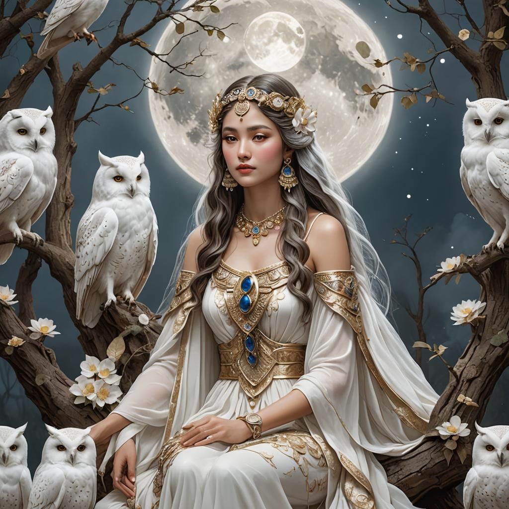 Elegant Moon Goddess with White Owls