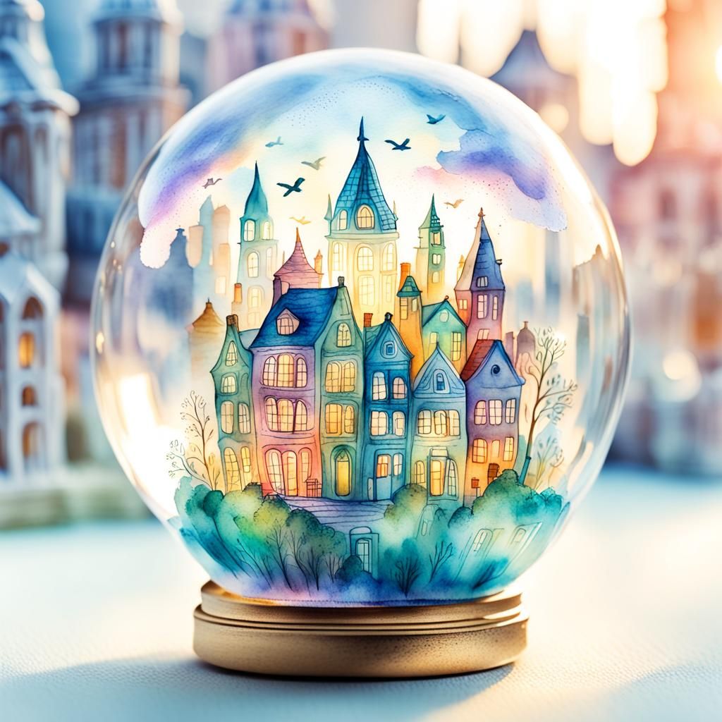 Miniature World in Glass Bulb, Watercolor Illustration