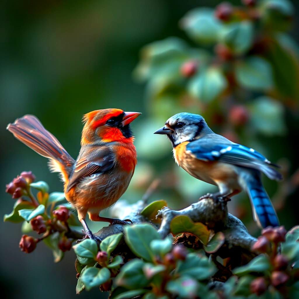 Dancing Cardinal and Blue Jay Birds in Macro