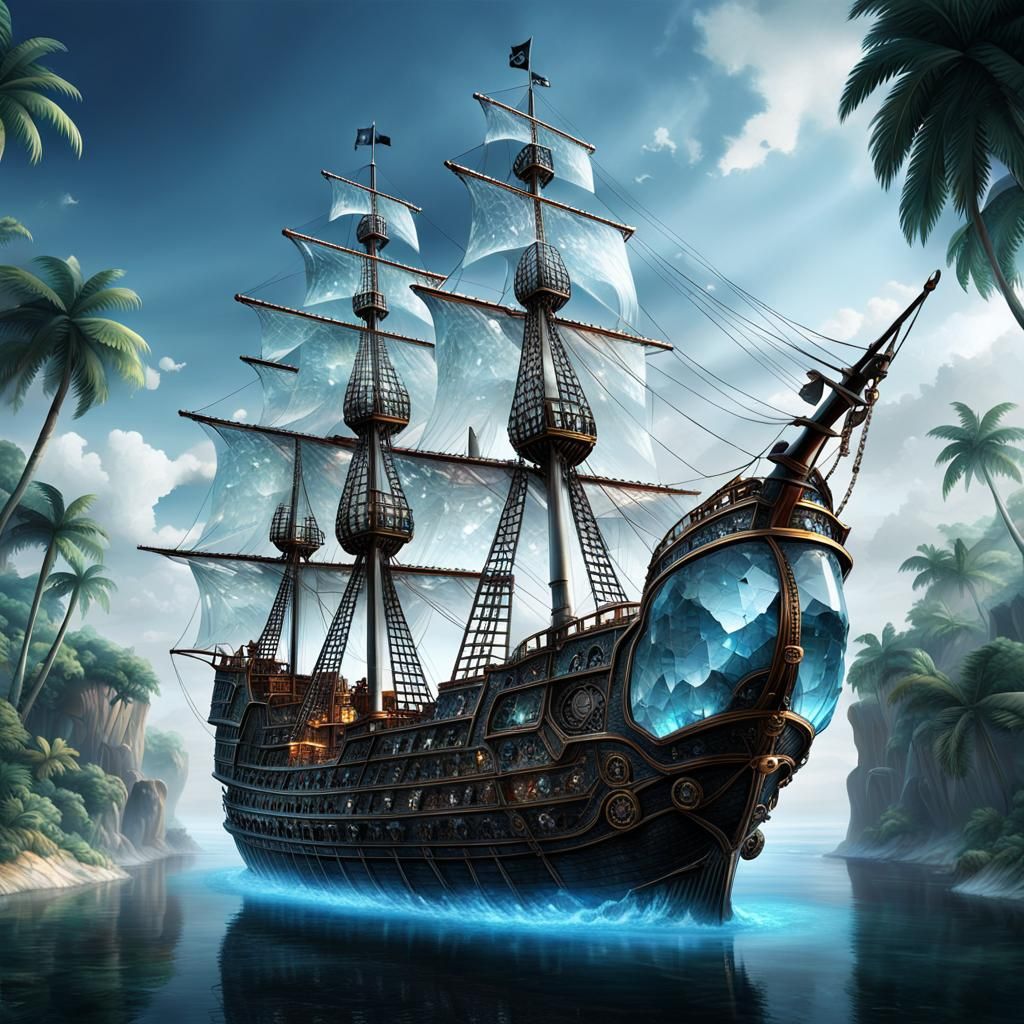an epic (pirate ship made of crystal glass:1.9), entire ship...
