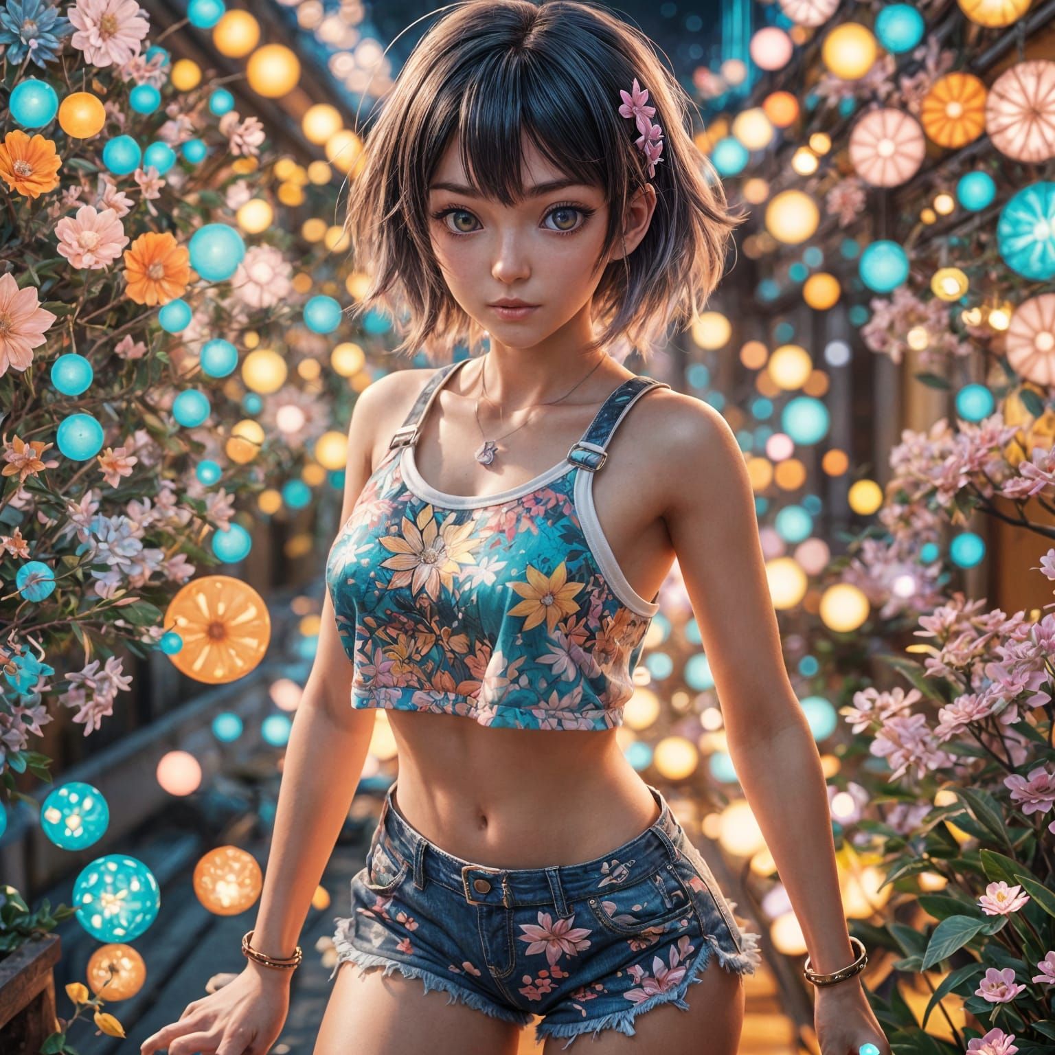 Cute Anime Girl in Crop Top, 3D Render