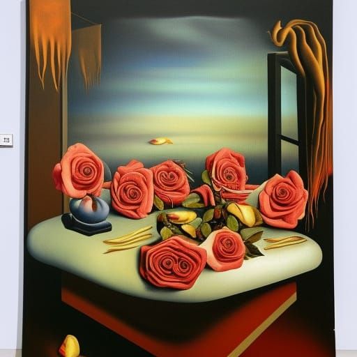 Surreal Roses on Bed in Salvador Dali Style