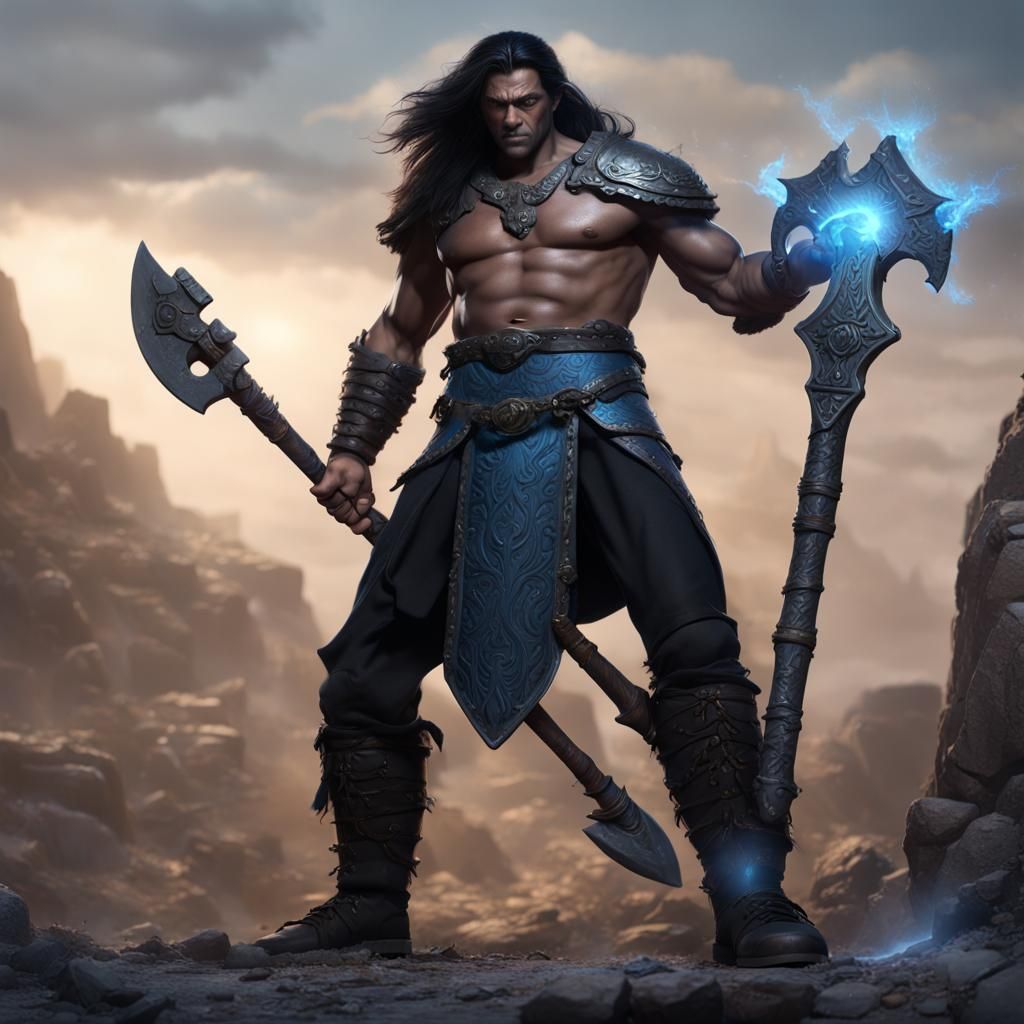 Goliath Barbarian with Magical Axe, Medieval Fantasy Art
