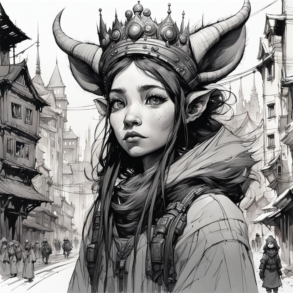 Whimsical Troll Queen Portrait in Urban Sketch Style