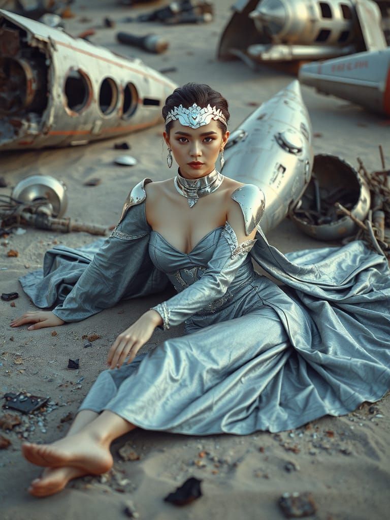 Confident Space Empress Amidst Wreckage in 3D Anime Style