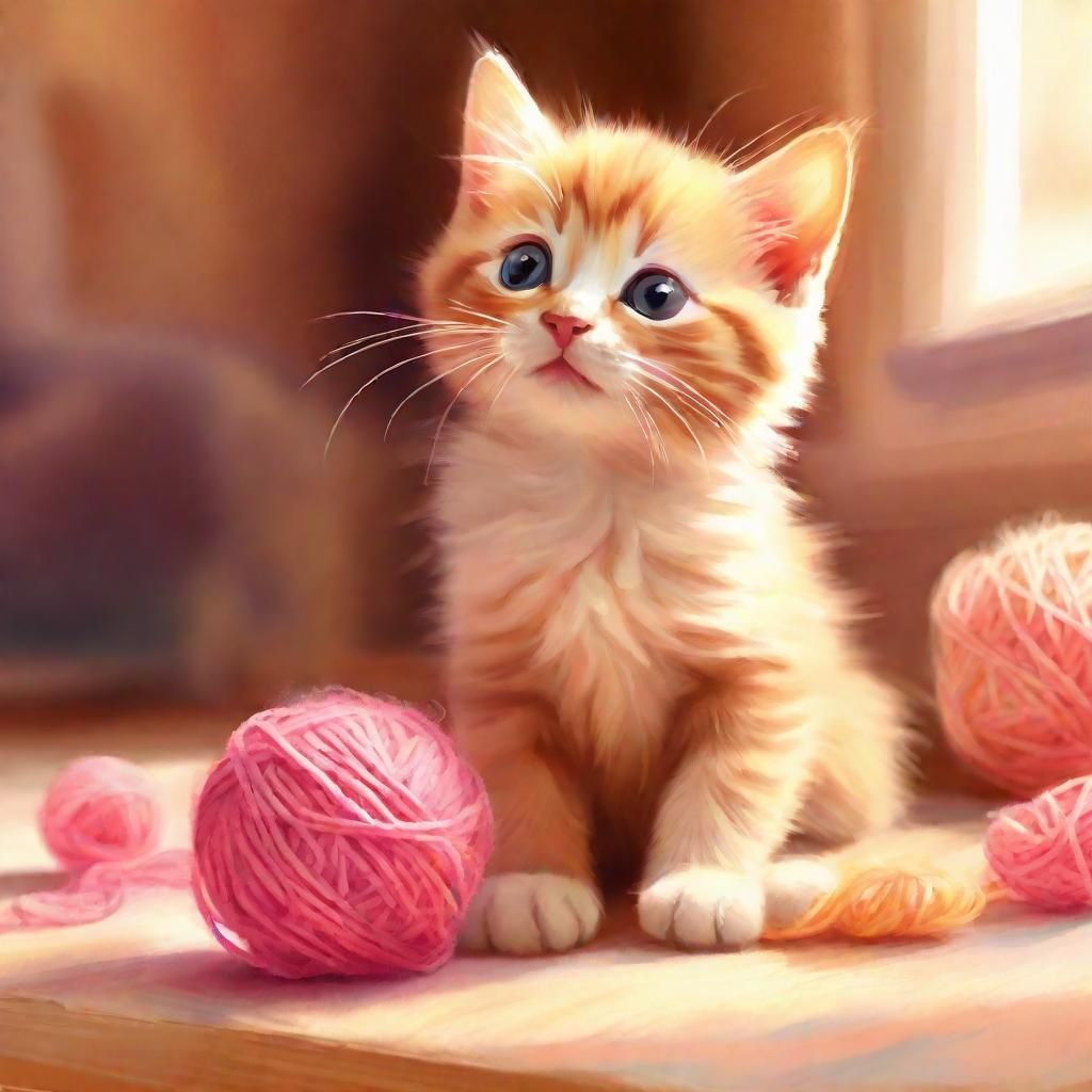 Watercolor Kitten Playing with Yarn in Cozy Room