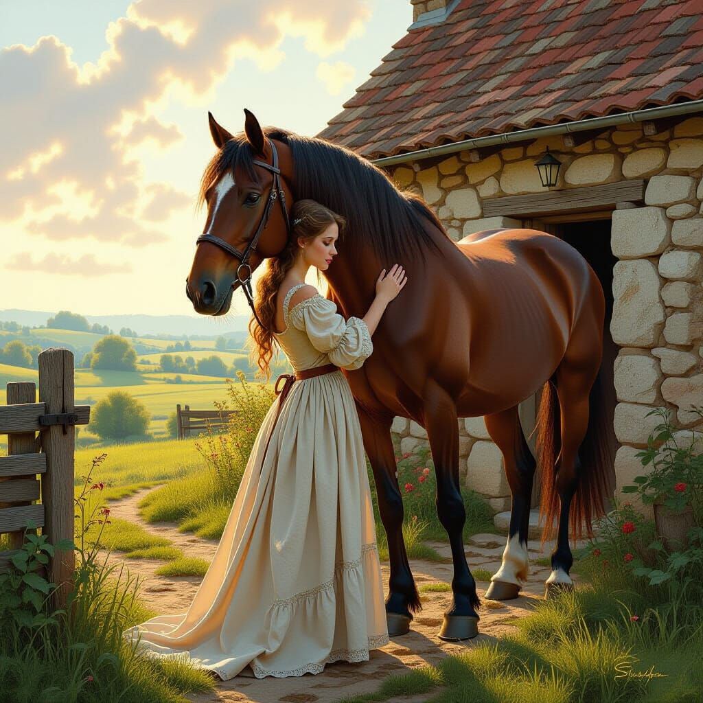 Maiden and Horse in Sunlight, Hyperrealistic Style
