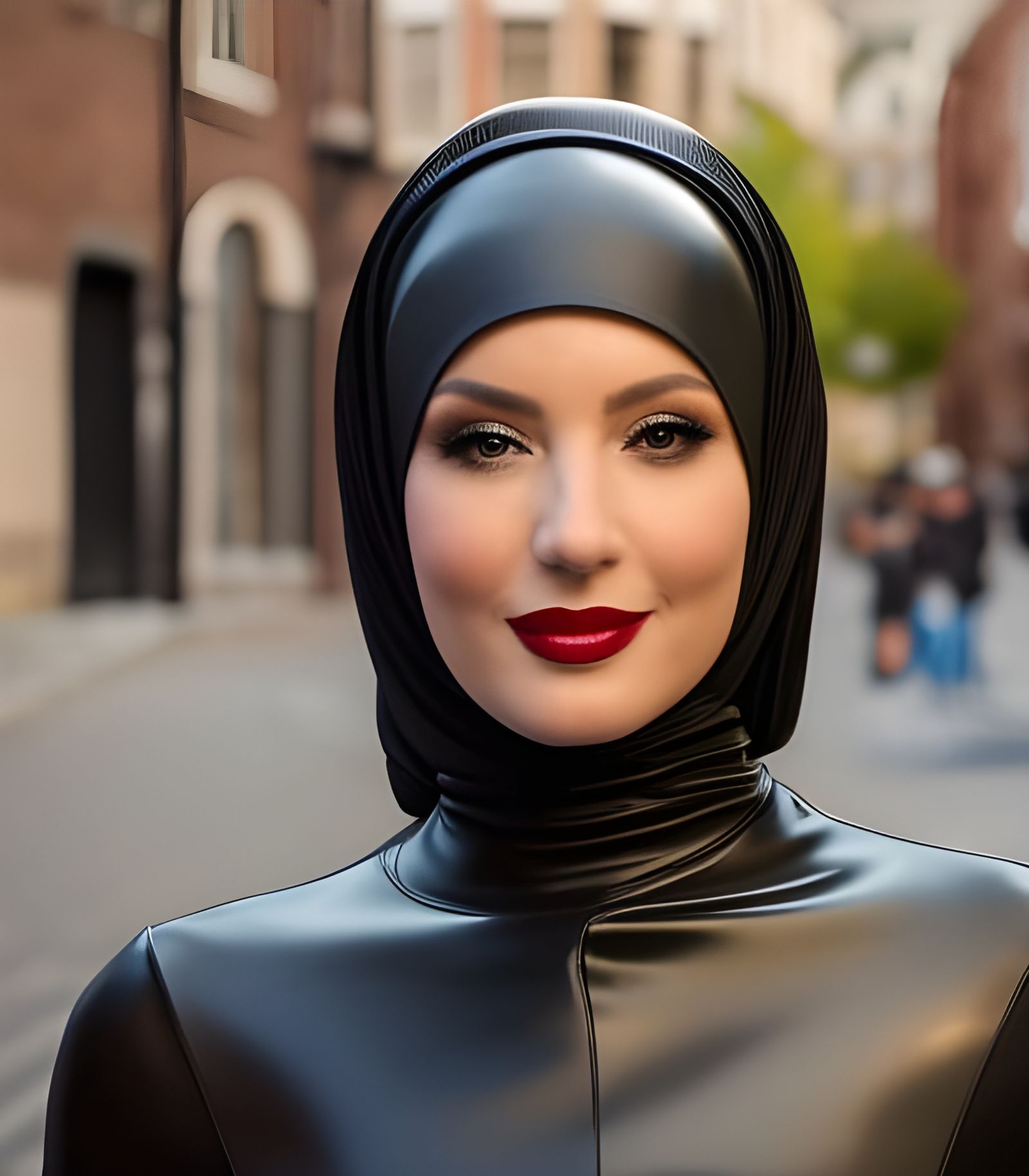 European Woman in Hijab and Latex Dress