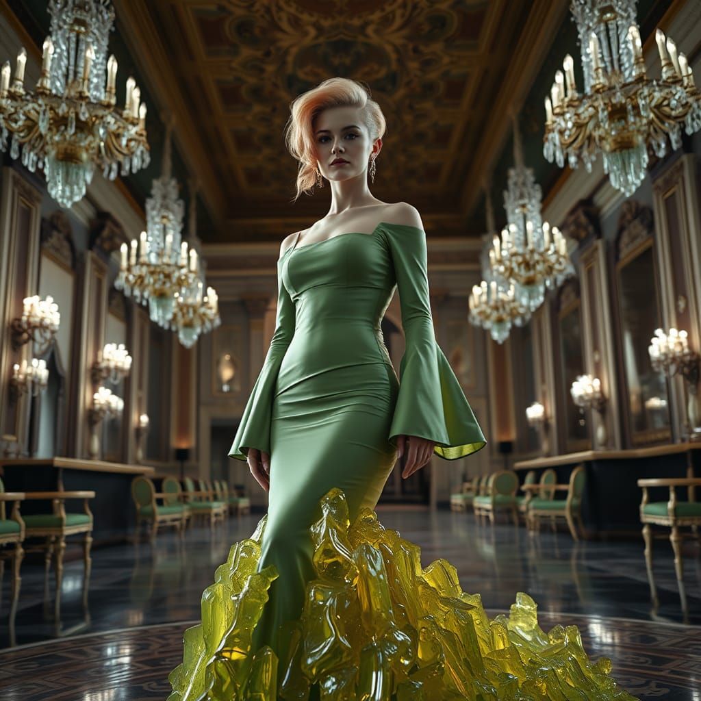 Crystal Gown in Opulent Ballroom, Hyperrealistic Fine Art
