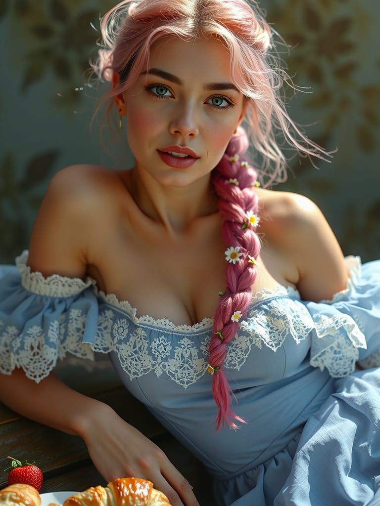 Serene Blonde Woman in Powder-Blue Mini-Dress, Inspired by E...