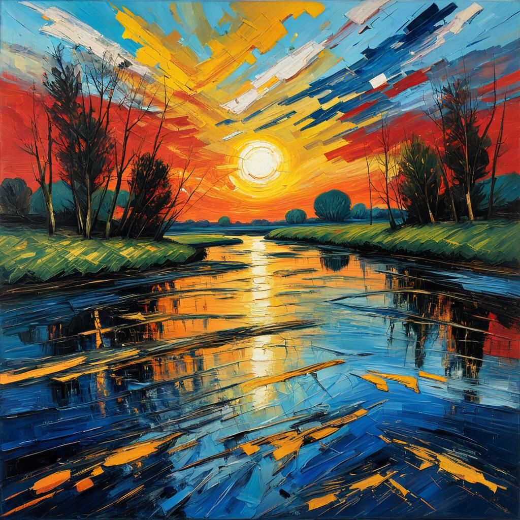 Abstract Sunset River Reflection in Impasto Oil Painting