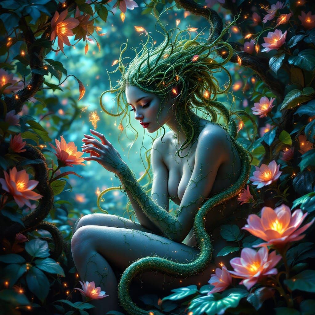 Mystical Plant Woman in Lush Environment