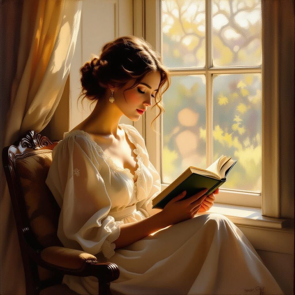 Woman Reading by Window Oil Painting