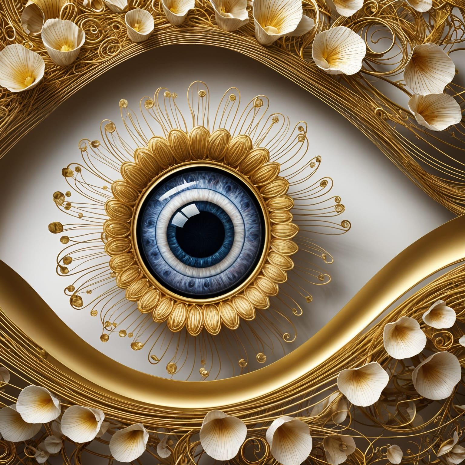 A large eye sculpted from coiled gold wire, with flower petals extending around it like a blooming iris. Abstract, symbo...