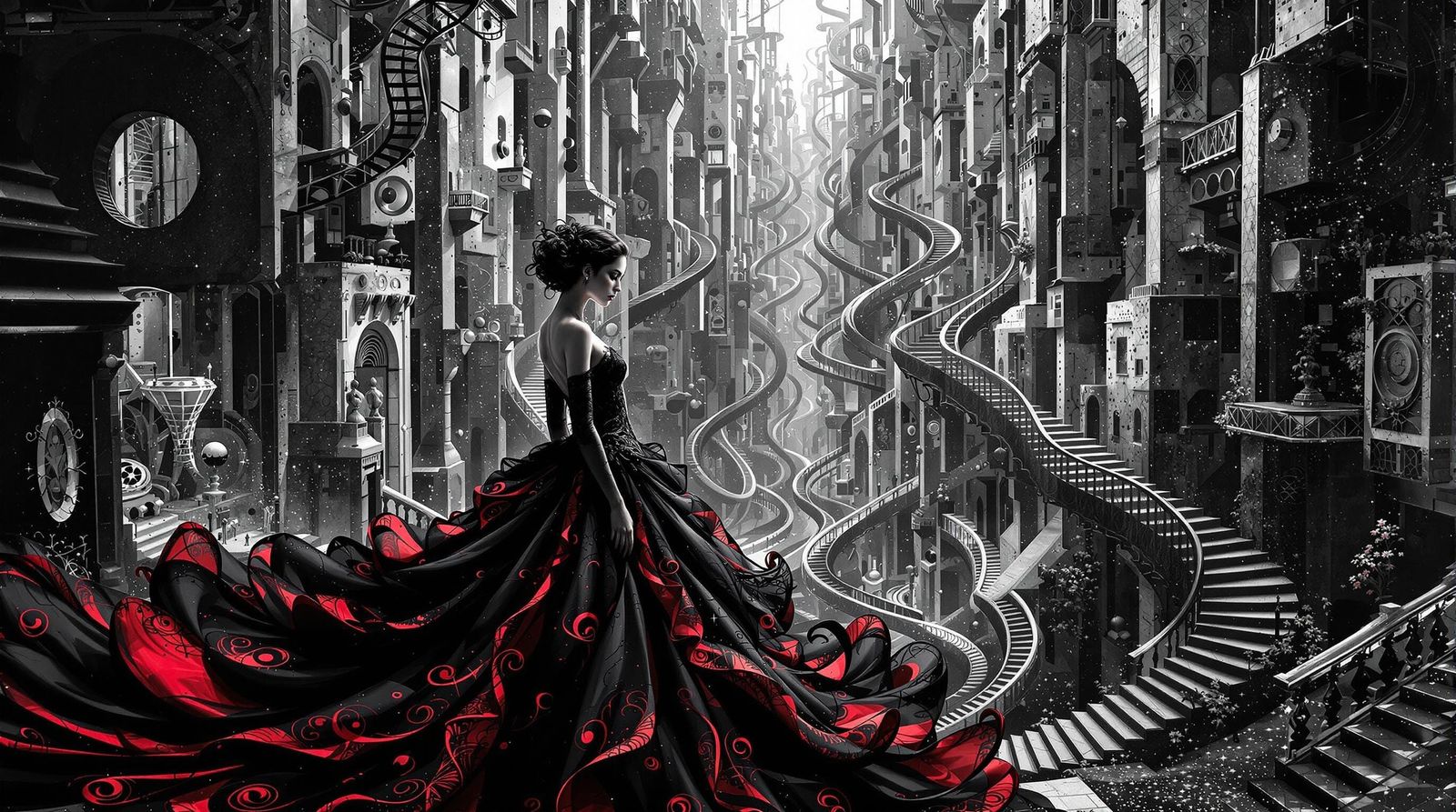 Surreal Woman in Crimson Gown Amidst Impossible Architecture
