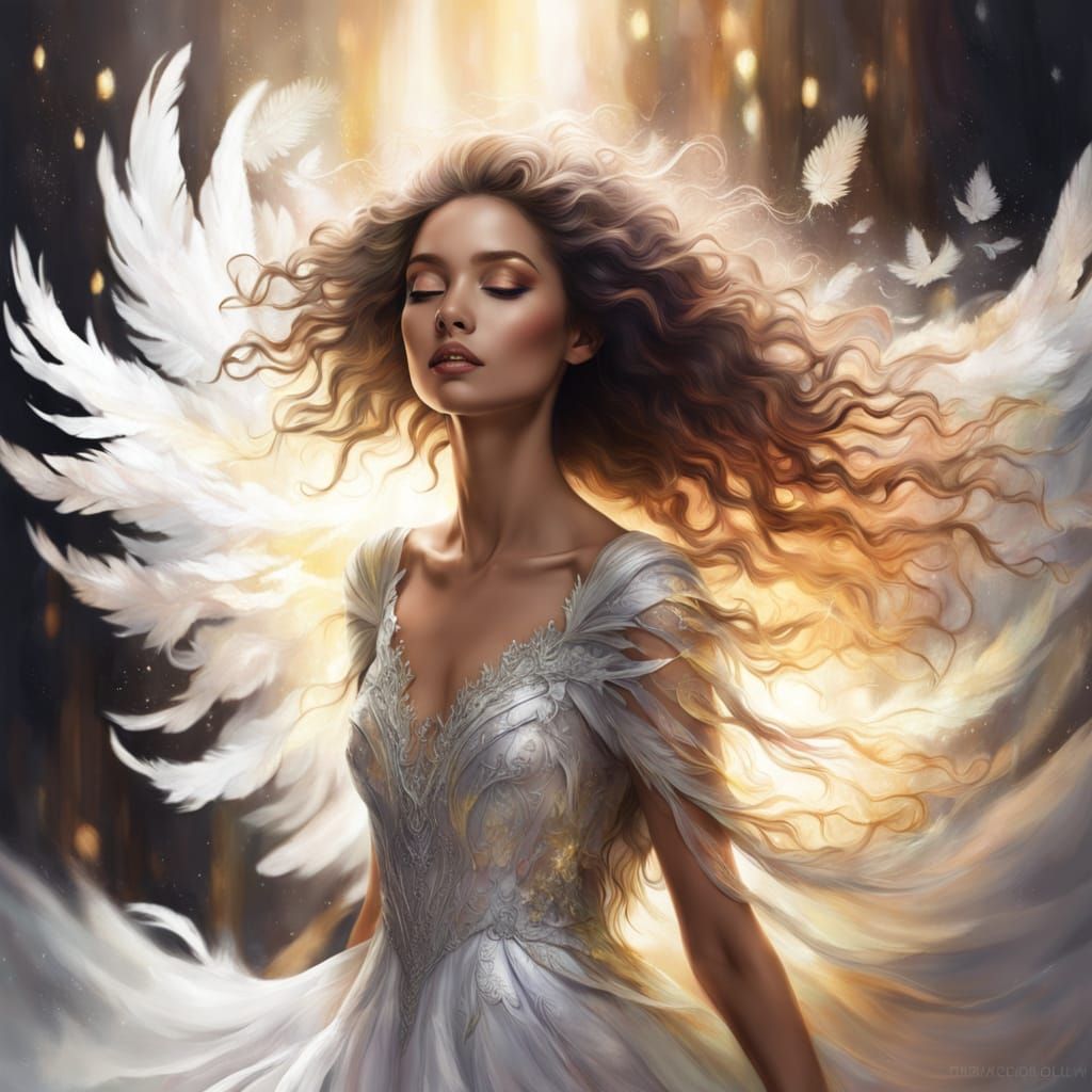 Glowing Girl with Phoenix Wings in Ethereal Digital Painting