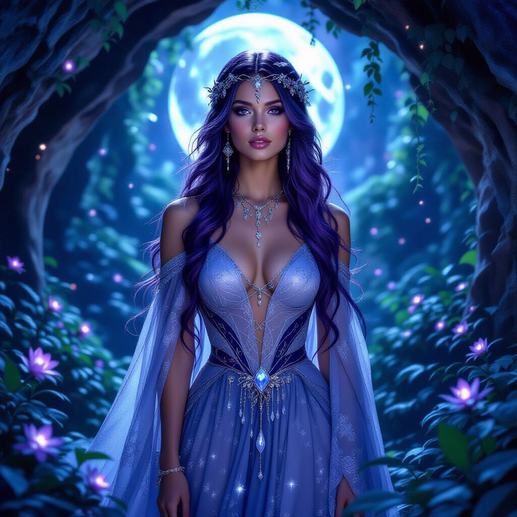 Celestial Sorceress in Grotto, Pre-Raphaelite Art Nouveau