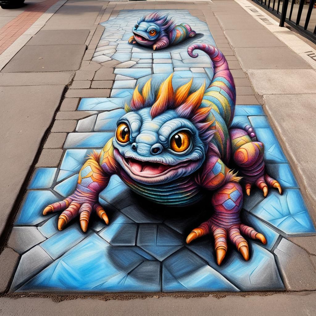 Sidewalk Chalk Art Illusion of Cute Monsters
