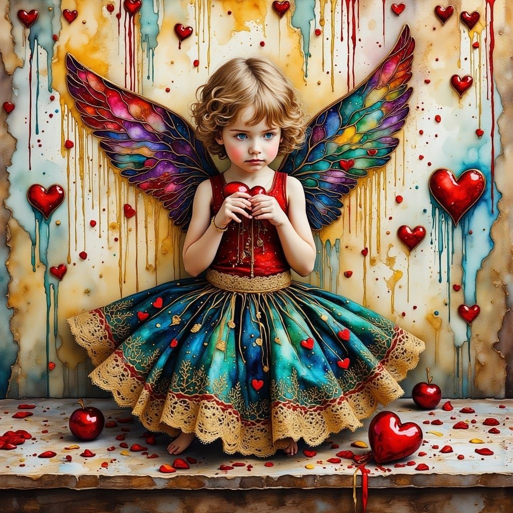 Whimsical Little Cupid Painting with Multicolored Hearts