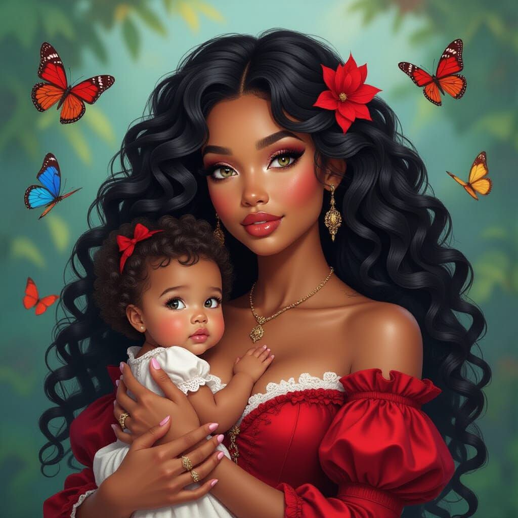 A whimsical fantasy scene of a beautiful biracial woman with long black spiral curly tresses, big mesmerizing grey eyes,...