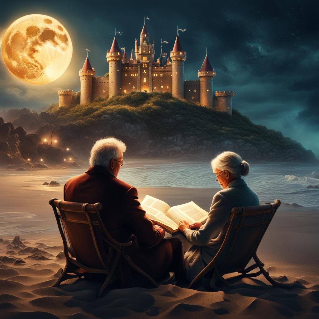 Magical Moonlit Beach Scene with Elderly Couple