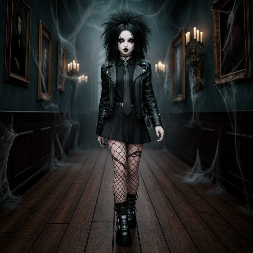 Goth Girl with Silver Eyes in Eerie Corridor