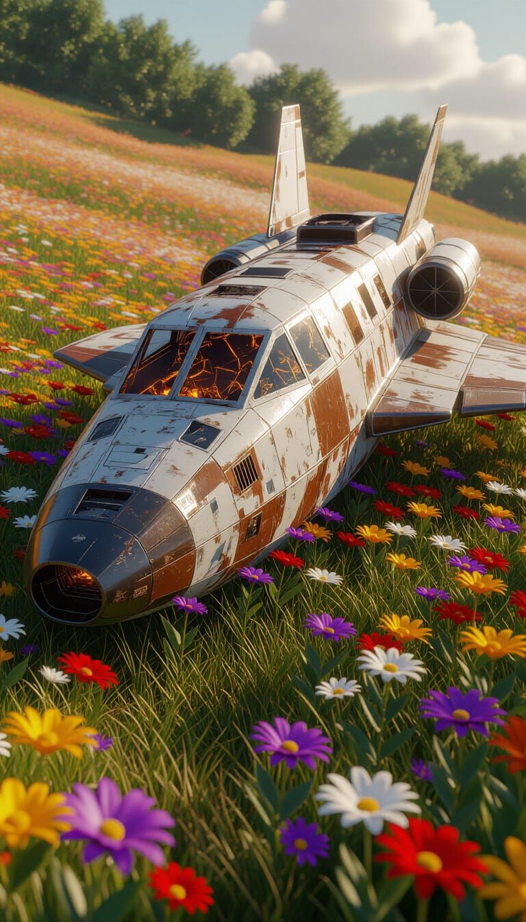 Damaged Spaceship Crashes into Vibrant Flower Field