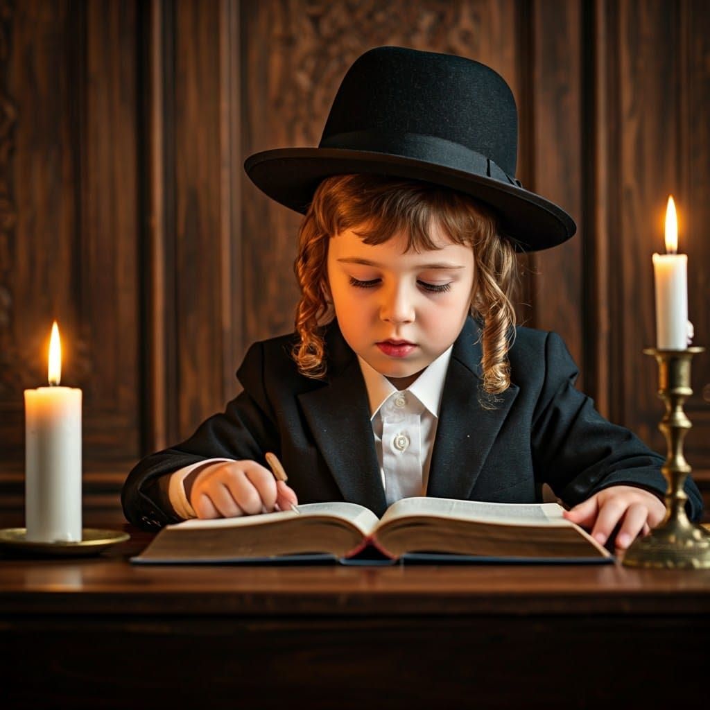 Hassidic Boy Studies by Candlelight in Impressionist Style