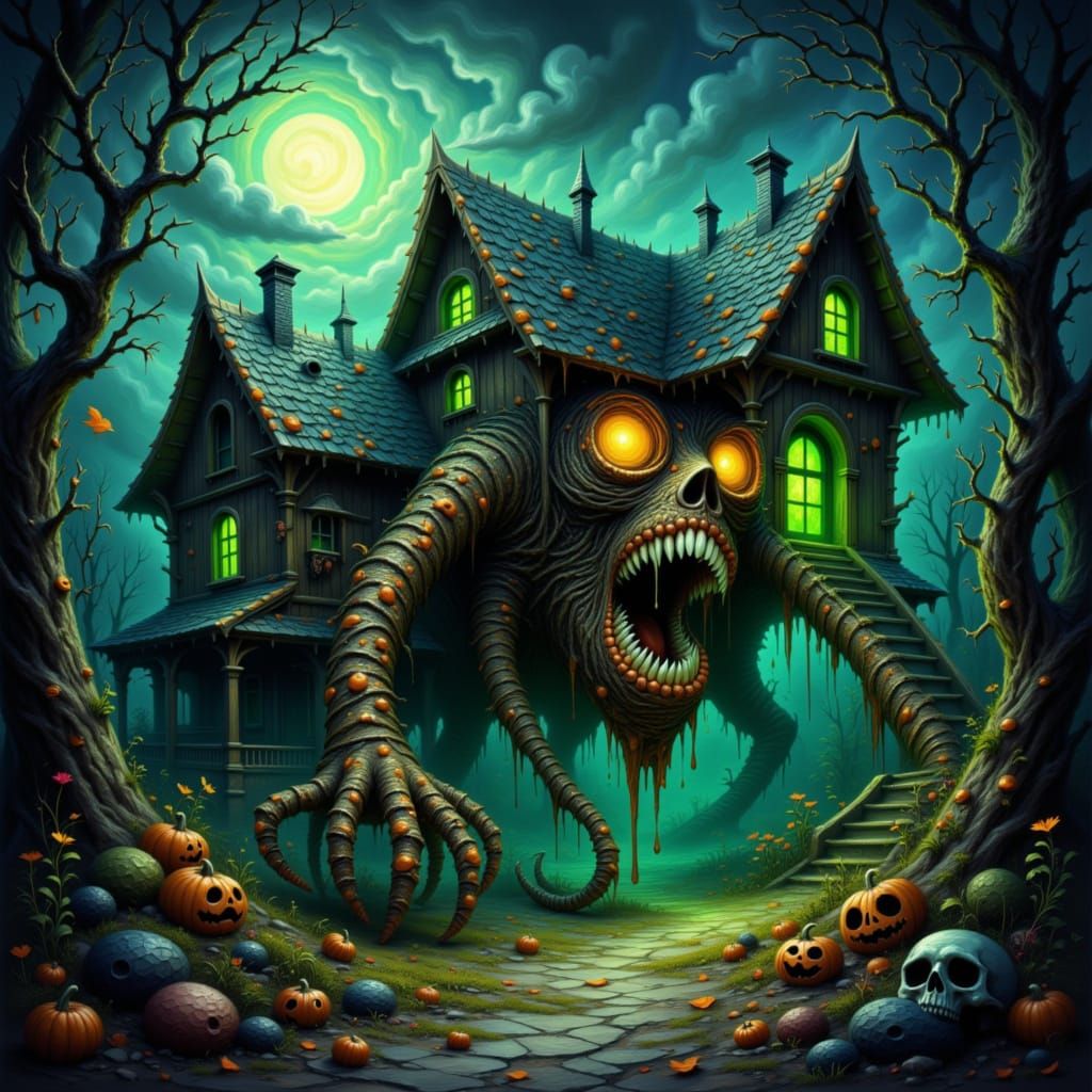 Gothic Horror Creature Lurks Outside Candy Haunted House