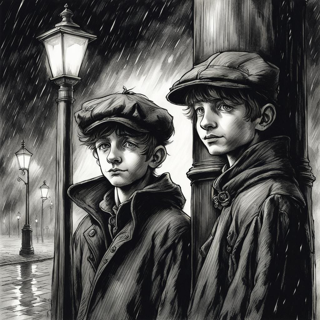 Two ugly brothers with stupid smiles leaning on a lamp post ...