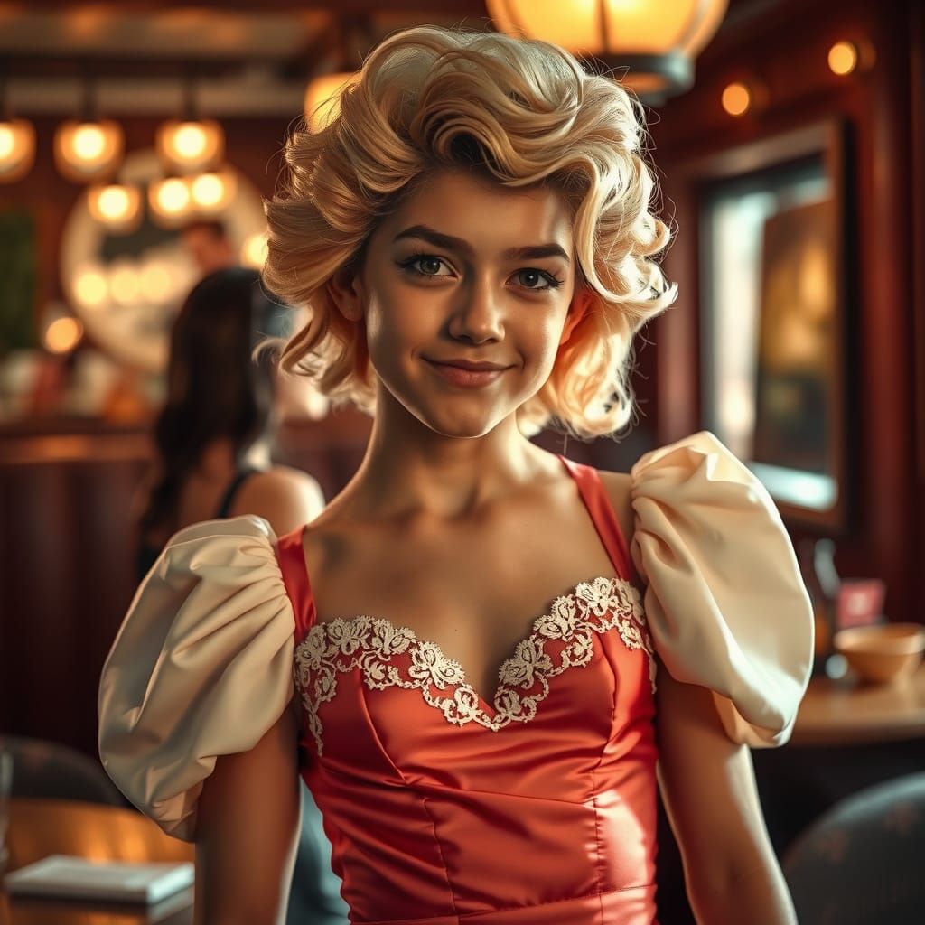 Boy in 1950s Dress Flirting in Restaurant