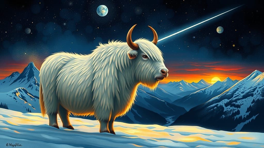 Yak Watches Cosmic Shooting Stars in Elegant Fantasy Style