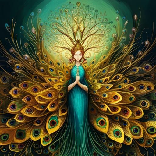 Luminous Peacock Queen with Golden Outlines