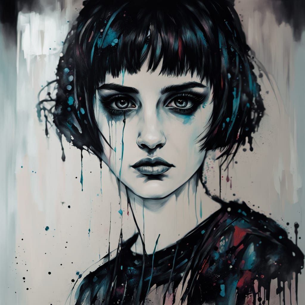 Sad Gothgirl Portrait in High Contrast Impasto Style